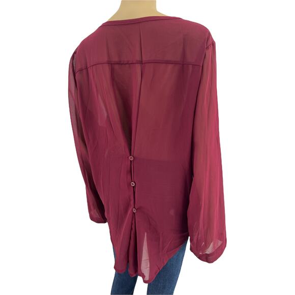 Shein (L) Burgundy Red Sheer Button Back RollTab Long Sleeve Blouse Top - Picture 5 of 10